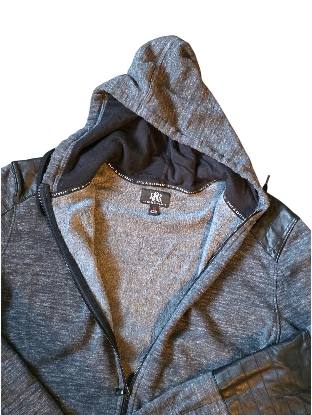 Rock & Republic Hoodie Mens XL Full Zip Gray Moto Quilted Hooded Jacket - Picture 10 of 11